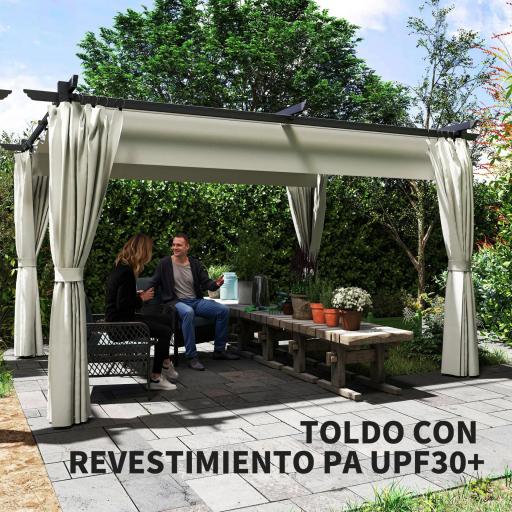 Pérgola con Techo Retráctil 4x3 m Cenador con Paredes Laterales Anti-UV Resistente al Agua para Jardín Patio Crema [5]