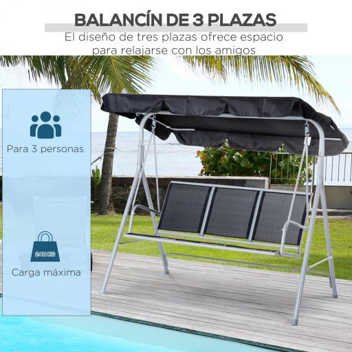 Columpio Jardín Exterior Balancín Jardín Exterior de 3 Plazas con Toldo Ajustable Respaldo Transpirable y Marco de Metal para Terraza Balcón Carga 240 kg 171x108x150 cm Negro [4]