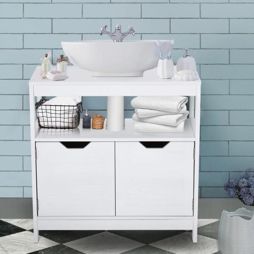 Armario para Debajo de Lavabo Gabinete de Baño con Estante 2 Puerta de Almacenamiento Dispositivo Antivuelco Resistente a la Humedad 60x30x60 cm Blanco