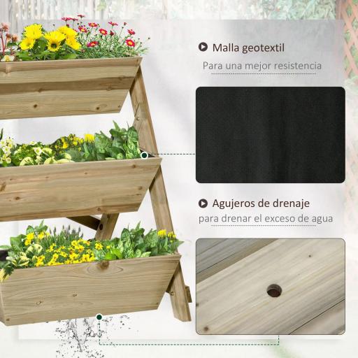 Jardinera de Escalera de 3 Niveles Maceteros de Madera Jardinera Vertical con Tela no Tejida y Orificios de Drenaje Huerto Urbano para Plantas Macetas Flores Jardín 71x61x77 cm Natural [4]