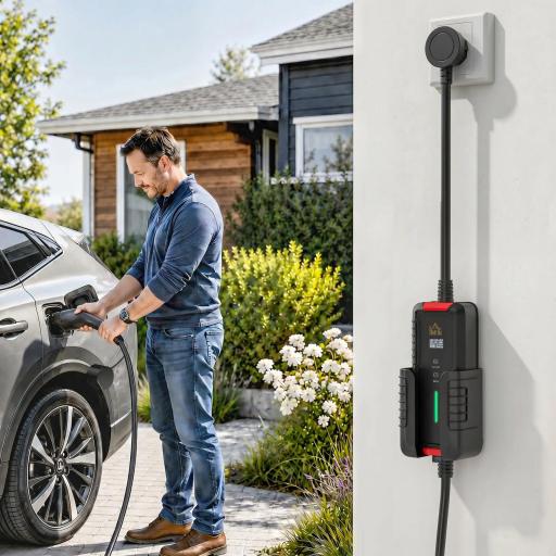 Cargador Coche Eléctrico Tipo 2 3,5kW 5m 6-16A Temporizador 1-12h Enchufe Schuko Pantalla LCD IP65 de Pared Bolsa Negro [14]
