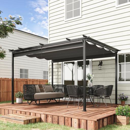 Pérgola de Jardín Cenador para Exterior con Techo Retráctil y 4 Cortinas Enrollables 4x3 m Gris Oscuro