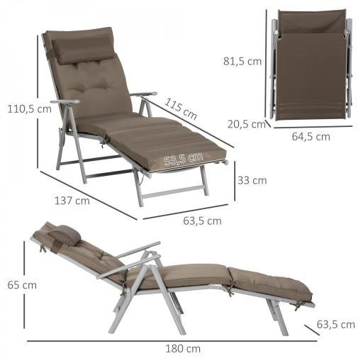 Tumbona Plegable de Jardín con Respaldo Ajustable en 7 Posiciones Cojín Cuerpo Entero y Cabeza 137x63,5x100,5 cm Marrón [1]