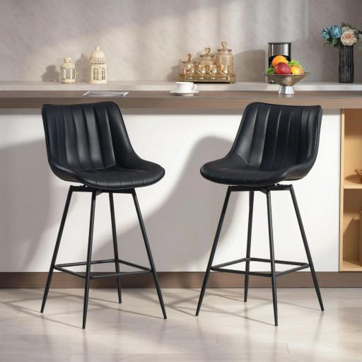 Juego de 2 Taburetes de Bar, Sillas de Bar Giratorio 360° Tapizado en Cuero Sintético con Respaldo y Reposapiés Negro