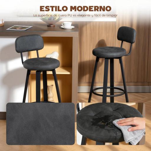 Juego de 2 Taburetes Altos de Cocina Giratorios Tapizados de PU con Respaldo Marco de Metal Reposapiés Gris Oscuro [5]