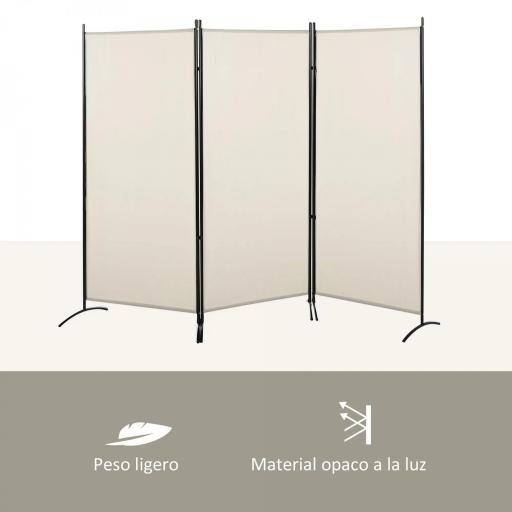 Biombo Separador de Ambientes de 3 Paneles 253x50x182 cm Divisor de Habitación Plegable con 6 Pies de Metal Beige [5]