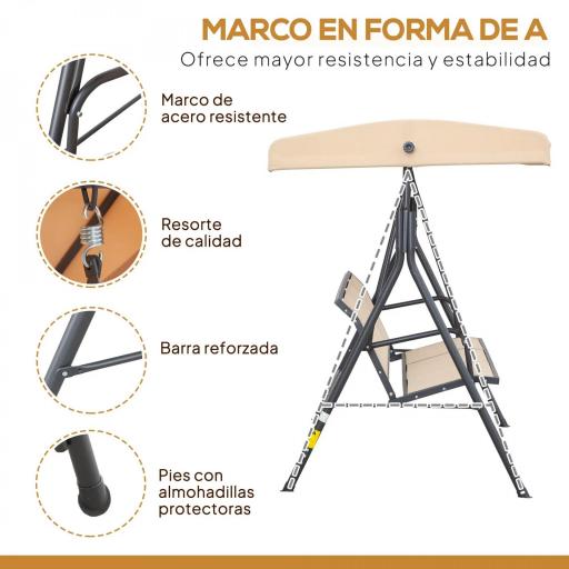Columpio de Jardín Exterior de 3 Plazas con Toldo Reclinable Respaldo Transpirable Marco de Acero 175x118x159 cm Beige [1]