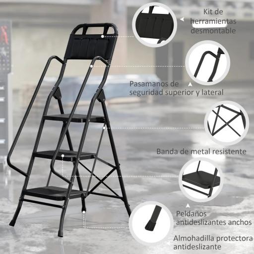 Escalera Plegable de 3 Peldaños con Bolsa de Herramientas Escalera de Tijera con Peldaños Anchos Antideslizantes Negro [2]
