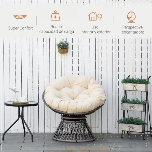 Sillón Papasan Giratorio de Ratán Sintético con Cojín Carga 160 kg para Exterior Jardín Terraza 87x97x86 cm Gris y Crema [5]