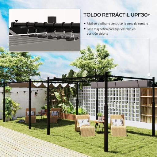 Pérgola de Jardín 3x3 m con Techo Retráctil y Accesorio Magnético Protección UV30+ Columnas Metálicas y Ganchos Gris [2]