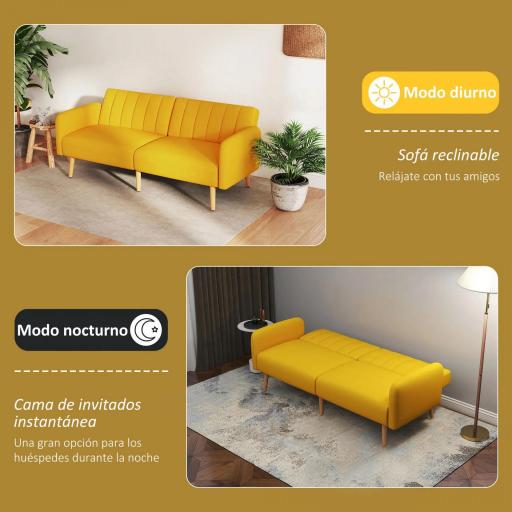 Sofá Cama de 3 Plazas Moderno 173x75x73 cm Sofá Cama Plegable Tapizado en Lino Sintético con Respaldo Ajustable en 3 Niveles y Reposabrazos Desmontables para Salón Oficina Amarillo [3]