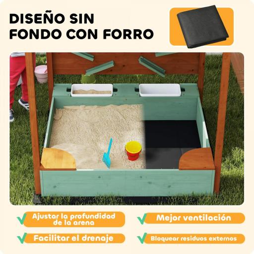Arenero para Niños de Madera con Techo Arenero Infantil con 2 Asientos 2 Cajas Grifo Embudo 116x112,5x128 cm Verde [5]