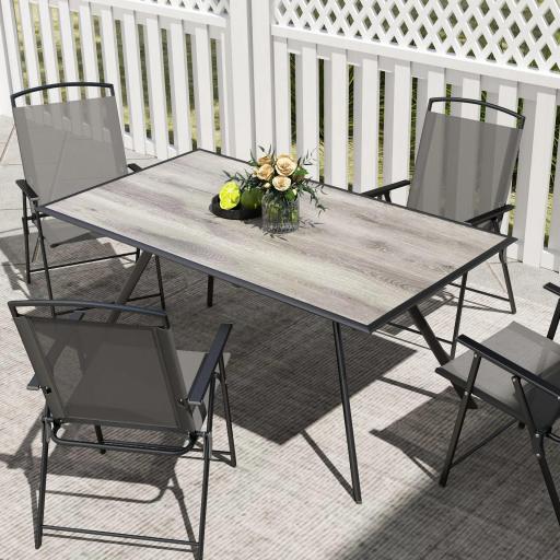 Mesa de Comedor de Exterior con Encimera Imitación Madera para 6 Personas con Estructura de Acero 160x90x73 cm Gris [2]