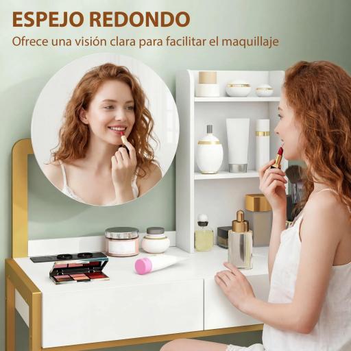 Tocador de Maquillaje con Espejo y Taburete Acolchado Estación de Carga 2 Cajones 3 Estantes para Dormitorio Blanco [4]