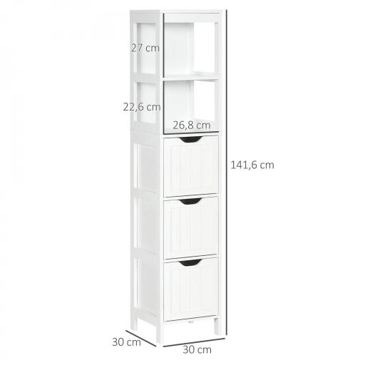 Armario Alto de Baño Estrecho con 3 Cajones y 2 Estantes Abiertos Estilo Moderno 30x30x141,6 cm Blanco [0]