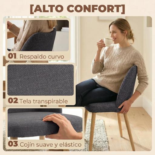 Pack de 2 Sillas de Cocina Nórdicas Tapizadas de Lino Respaldo Curvo Asiento Acolchado Patas de Madera Gris Claro [7]