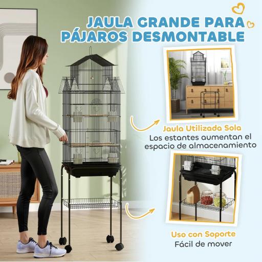 Jaula para Pájaros con Ruedas Comederos Perchas Columpio y Bandeja Extraíble 50,5x41x163 cm Negro [3]
