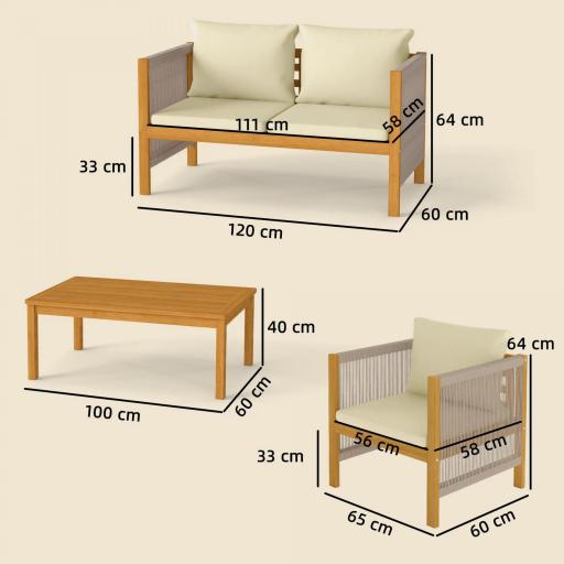 Conjunto de Muebles de Jardín de 4 Piezas con Sofá 2 Plazas 2 Sillones Mesa de Madera Cojines y Cuerda PP Beige [1]