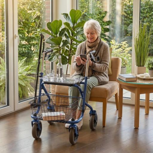 Andador para Ancianos Plegable con Asiento 4 Ruedas Altura Ajustable Frenos de Maneta Cesta Bandeja Porta Bastón Azul [3]