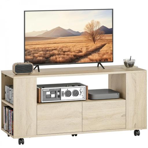 Mueble de TV con Ruedas para Televisión hasta 42 Pulgadas con 2 Cajones Estantes Ajustables Madera Natural [8]