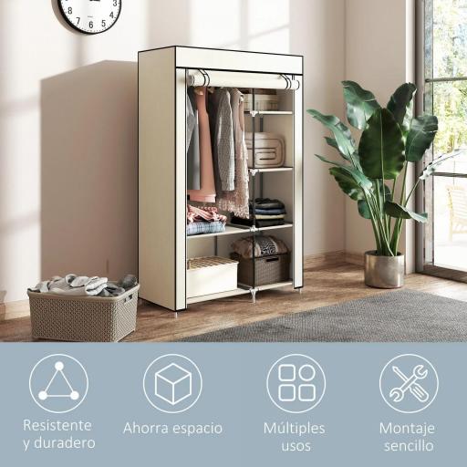 Armario de Tela Plegable Ropero Portátil con 6 Estantes y 1 Barra de Colgar para Dormitorio 103x43x162,5cm Crema [7]