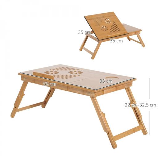 Mesa Plegable de Bambú, Mesa de Ordenador Portátil, para Cama y Sofá, Altura Ajustable, Cajón, Patas Plegables, para Leer, Escribir, Comer, Trabajar, Natural [1]