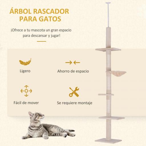 Árbol para Gatos de Suelo a Techo de 230-260 cm con Altura Ajustable Plataformas Hamaca y Postes de Sisal Beige [6]