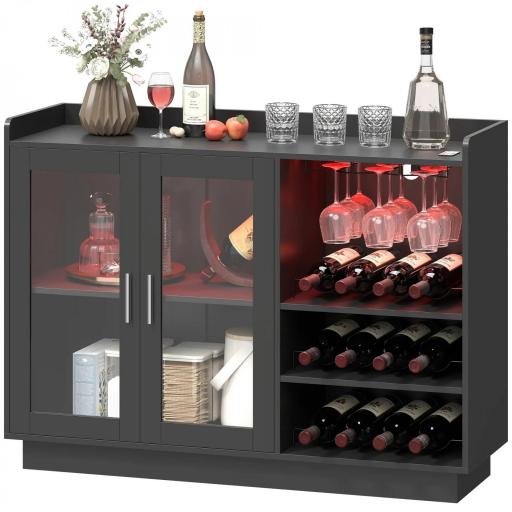 Mueble de Bar con Luces LED RGB y Botellero para 12 Botellas Armario Buffet para Vinos para Comedor Salón Negro [8]