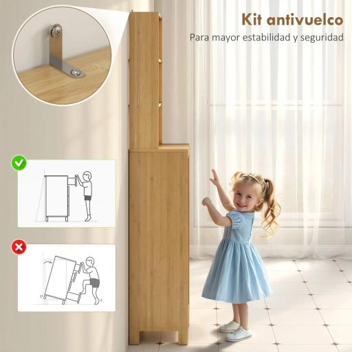 Armario de Baño Alto de Bambú Estrecha con 3 Estantes Abiertos Puerta de Lamas Baldas Ajustables 34x30x170 cm Natural [6]