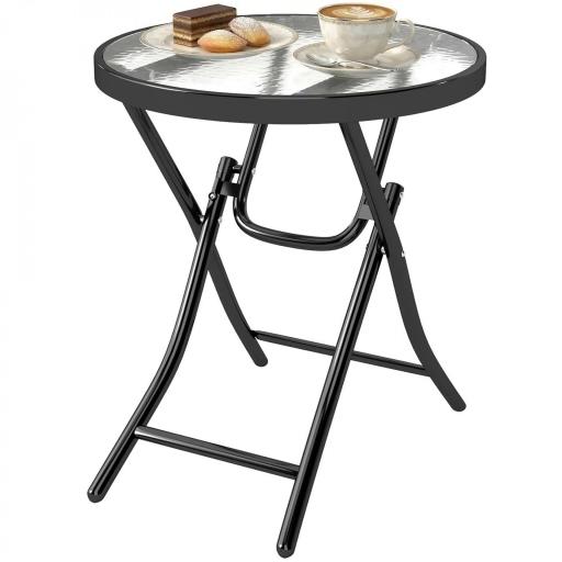Mesa de Vidrio Redonda Plegable Mesa de Jardín con Hebilla de Seguridad Borde Cubierto de Metal Patio Interior y Exterior Ø45x50 cm Negro [9]