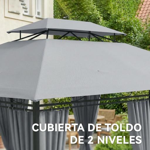 Cenador para Jardín 3x4 m Pabellón de Jardín Gazebo con Doble Techo 6 Paredes Laterales Estructura Metálica Gris Oscuro [4]