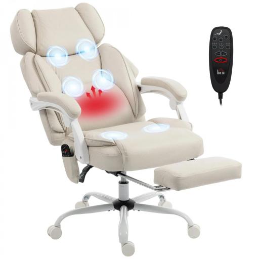  Silla de Escritorio Reclinable con Masaje Vibratorio de 6 Puntos Calor Lumbar Reposacabezas Ajustable Reposapiés Crema [8]