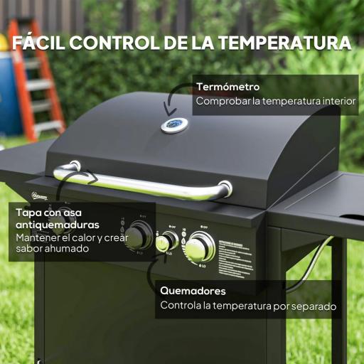 Barbacoa de Gas con 3 Quemadores Parrilla para 5-9 Personas Quemador Lateral Termómetro y Ruedas 123x58x98 cm Negro [3]