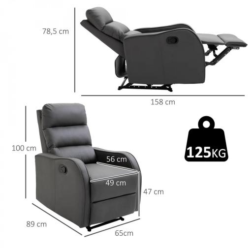 Sillón Relax Reclinable Sofá Relax Tapizado en PU con Reposapiés Retráctil para Dormitorio Salón 65x89x100 cm Gris [1]