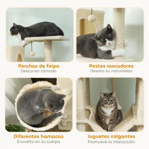 Árbol Rascador para Gatos con Plataforma Torre Escalador para Gatos con Cama Cuevas Postes de Sisal 60x48x202 cm Beige [5]