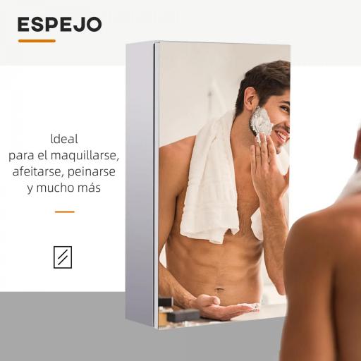 Armario de Baño con Espejo Armario de Pared con Puerta 2 Estantes y Marco de Acero Inoxidable 30x14x55 cm Plata [5]