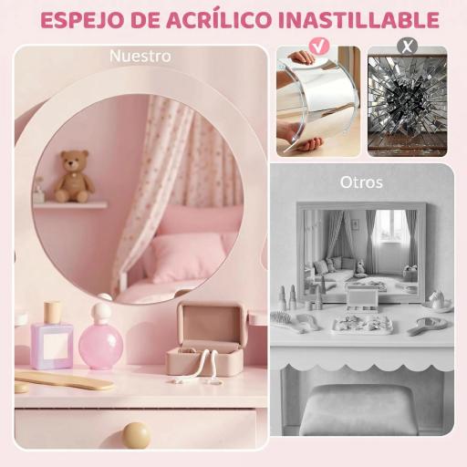 Tocador de Maquillaje Niña Tocador Infantil con Taburete Espejo Cajón y 2 Estantes Abiertos para Niños 3 a 6 Años Rosa [6]
