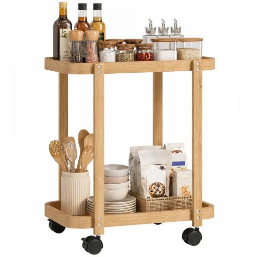 Carrito de Cocina de Bambú de 2 Niveles Carrito Auxiliar para Cocina con Ruedas 2 Estantes 54x36,5x60 cm Natural [8]