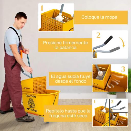 Cubo de Fregar con Escurridor Panel Separador y Ruedas Capacidad 20L para Limpieza Doméstica 45x26,5x70 cm Amarillo [5]