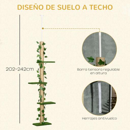 Árbol para Gatos del Suelo al Techo 37x21x202-242 cm con Altura Ajustable 4 Plataformas de Césped Artificial Verde [5]