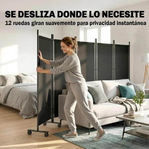 Biombo Plegable de 5 Paneles con 12 Ruedas 252x170 cm Biombo Separador de Ambientes Modulable Negro [4]