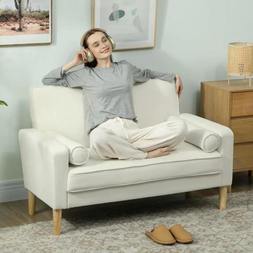 Sofá de 2 Plazas Tapizado en Terciopelo 130 cm con Asiento Capitoné y Patas de Madera para Espacios Pequeños Crema [5]