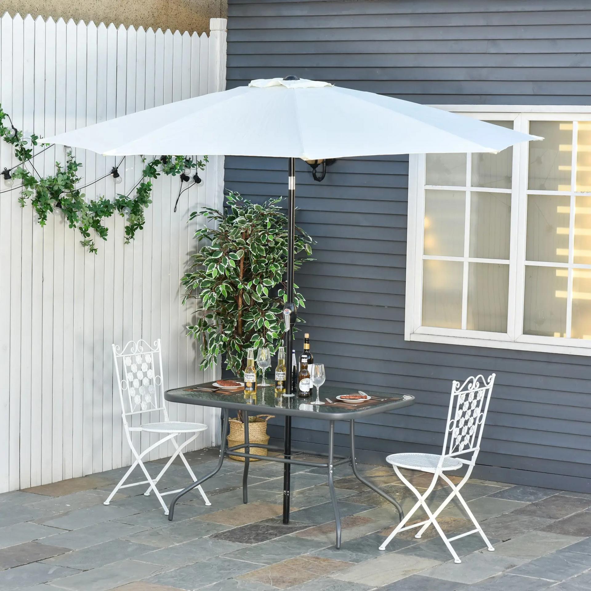 Mesa de Jardín Exterior Rectangular de Metal Bordes Curvos con Orificio para Sombrilla Capacidad 70kg Vidrio Templado 120x80x70 cm Gris Carbón