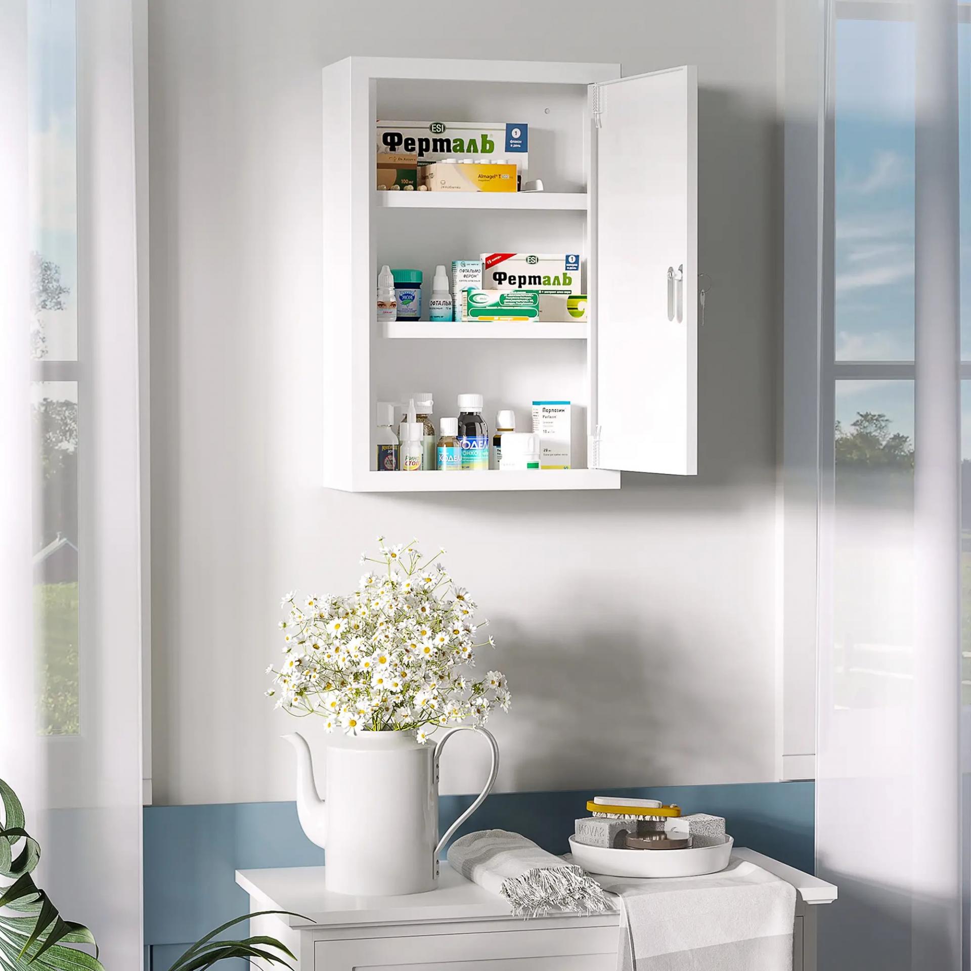 Botiquín de Pared Armario de Medicinas de Acero Armario con 3 Estantes y 2 Llaves para Baño 30x14x46 cm Blanco