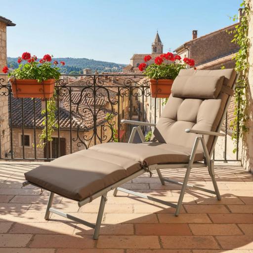 Tumbona Plegable de Jardín con Respaldo Ajustable en 7 Posiciones Cojín Cuerpo Entero y Cabeza 137x63,5x100,5 cm Marrón [6]