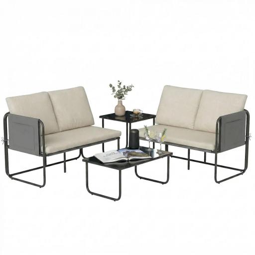 Conjunto Jardín Exterior de 4 Piezas con 2 Sofás 2 Plazas 2 Mesas de Vidrio Cojines Fundas Extraíbles y Bolsillos Caqui [9]