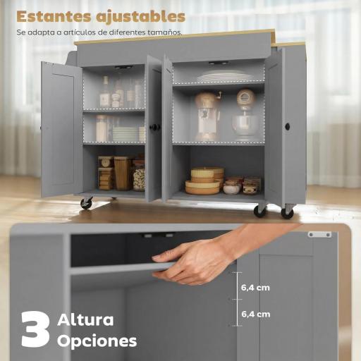 Isla de Cocina con Ruedas Encimera Extensible 4 Puertas Estantes Ajustables Especiero y Soporte para Toallas Gris [4]