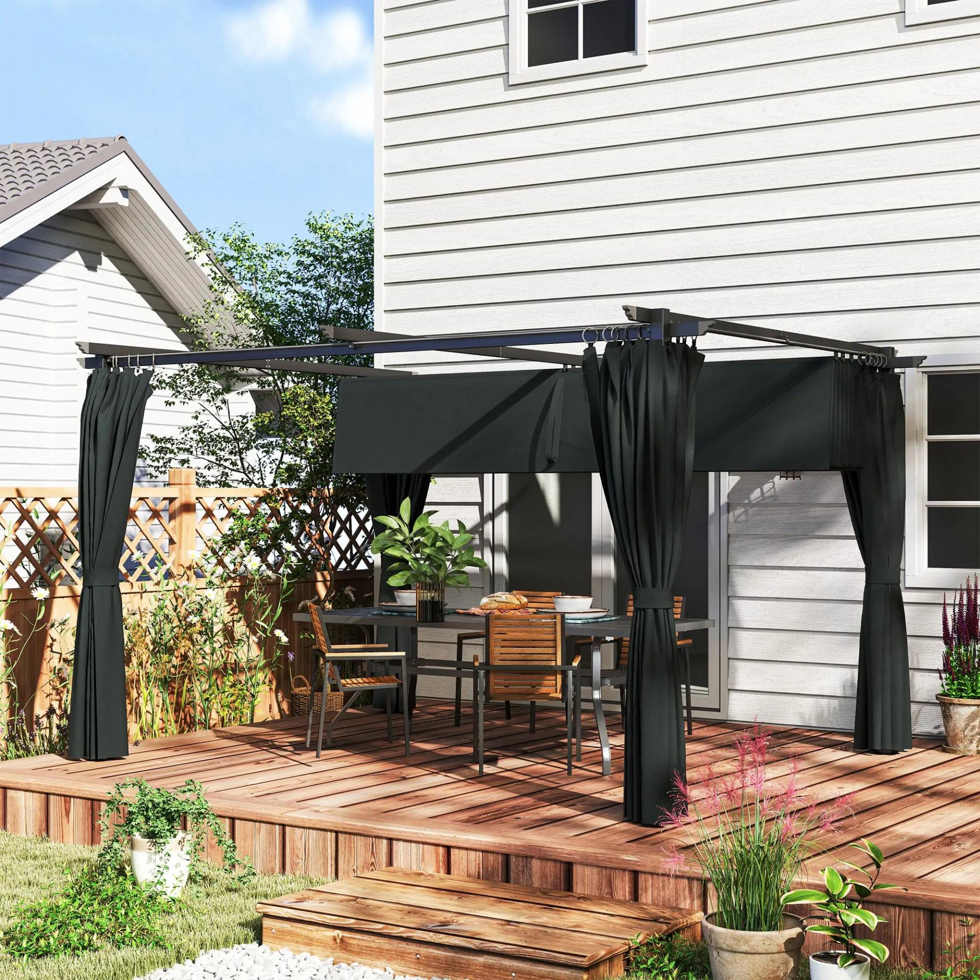 Pérgola con Techo Retráctil 4x3 m Cenador con Paredes Laterales Anti-UV Resistente al Agua para Jardín Patio Gris Oscuro