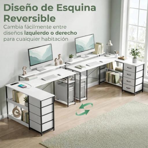 Escritorio en L Reversible con 4 Cajones de Tela 2 Enchufes y 2 Puertos USB Soporte para Monitor 155x112 cm Blanco [7]