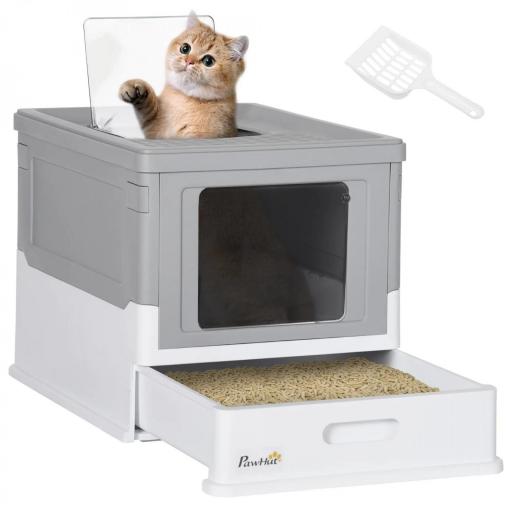 Arenero Cubierto para Gatos Desmontable con Entrada Frontal y Salida Superior con Pala 47,5x35,5x36,7 cm Gris y Blanco [8]
